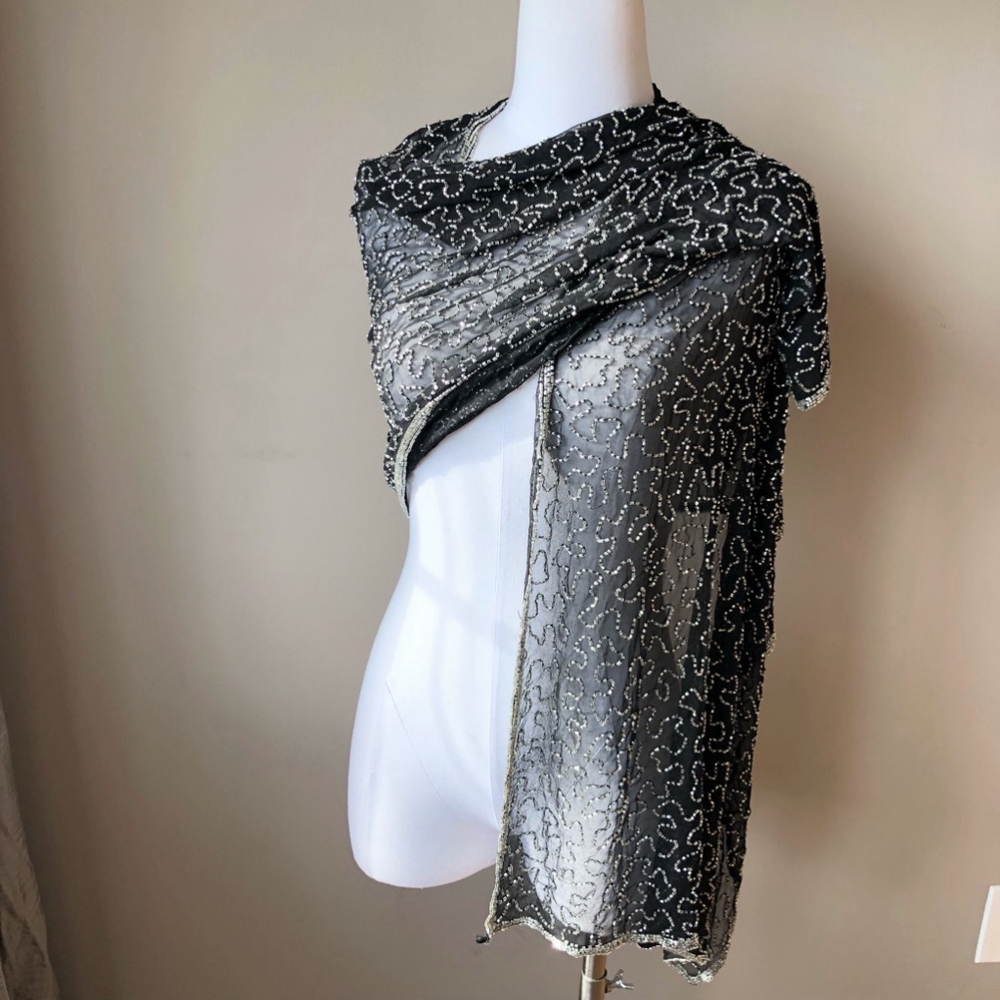 Vintage sheer silk hand beaded long formal scarf shawl